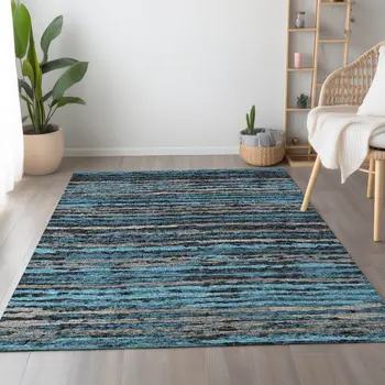 3' X 5' Persian Blue And Charcoal Striped Washable Area Rug With UV Protection