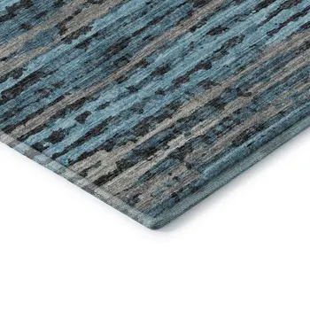 3' X 5' Persian Blue And Charcoal Striped Washable Area Rug With UV Protection