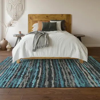 3' X 5' Persian Blue And Charcoal Striped Washable Area Rug With UV Protection