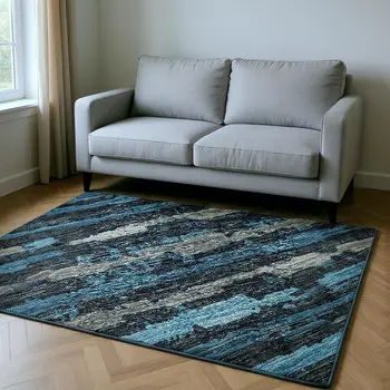5' X 8' Persian Blue And Charcoal Striped Washable Area Rug With UV Protection