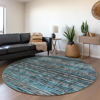 8' Persian Blue And Charcoal Striped Washable Round Rug With UV Protection