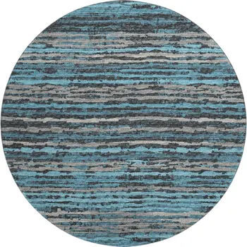 8' Persian Blue And Charcoal Striped Washable Round Rug With UV Protection