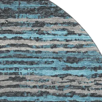 8' Persian Blue And Charcoal Striped Washable Round Rug With UV Protection