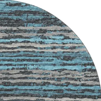 8' Persian Blue And Charcoal Striped Washable Round Rug With UV Protection