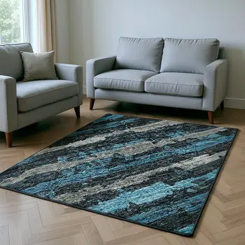 8' X 10' Persian Blue And Charcoal Striped Washable Area Rug With UV Protection