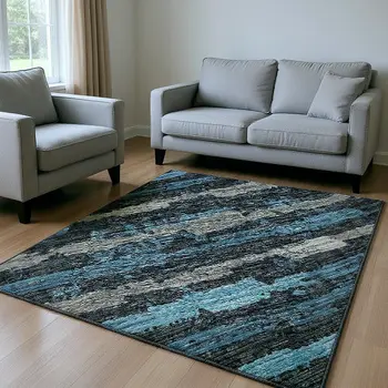 9' X 12' Persian Blue And Charcoal Striped Washable Area Rug With UV Protection