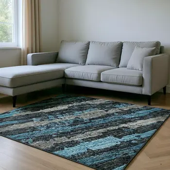 10' X 14' Persian Blue And Charcoal Striped Washable Area Rug With UV Protection