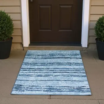 3' X 5' Blue And Ivory Striped Washable Area Rug With UV Protection