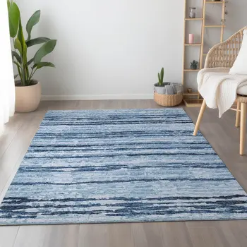 3' X 5' Blue And Ivory Striped Washable Area Rug With UV Protection