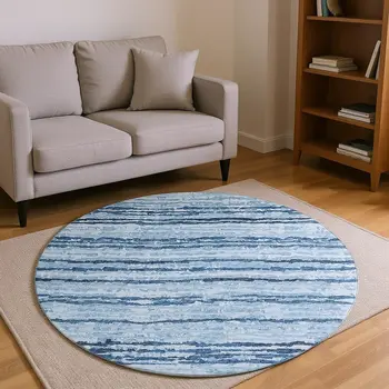 8' Blue And Ivory Striped Washable Round Rug With UV Protection