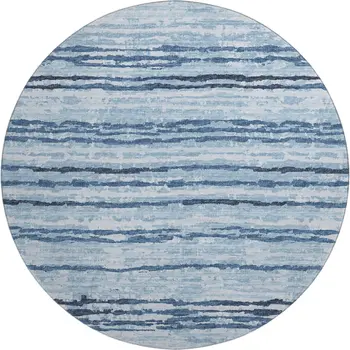 8' Blue And Ivory Striped Washable Round Rug With UV Protection