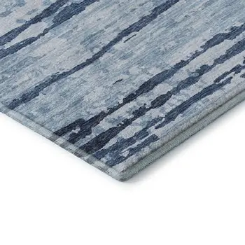 8' Blue And Ivory Striped Washable Round Rug With UV Protection
