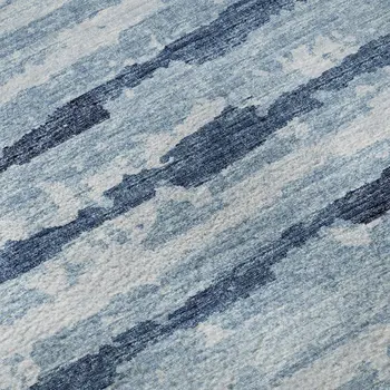 8' Blue And Ivory Striped Washable Round Rug With UV Protection