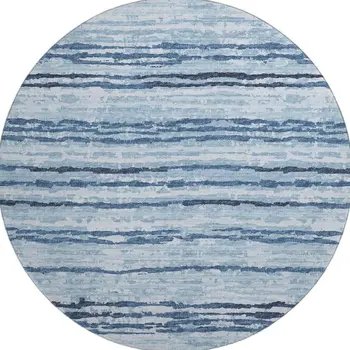 8' Blue And Ivory Striped Washable Round Rug With UV Protection