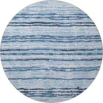 8' Blue And Ivory Striped Washable Round Rug With UV Protection