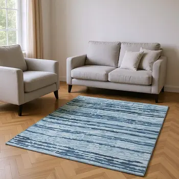 8' X 10' Blue And Ivory Striped Washable Area Rug With UV Protection