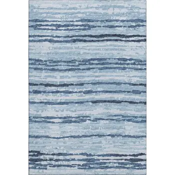 9' X 12' Blue And Ivory Striped Washable Area Rug With UV Protection