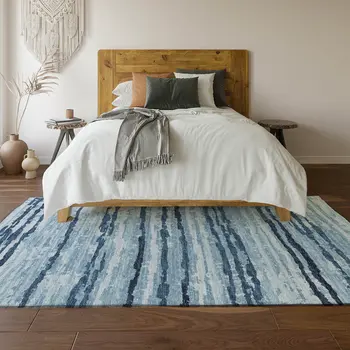 9' X 12' Blue And Ivory Striped Washable Area Rug With UV Protection
