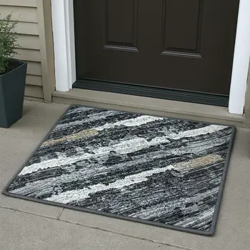 3' X 5' Graphite And Ivory Striped Washable Area Rug With UV Protection
