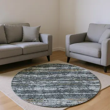 8' Graphite And Ivory Striped Washable Round Rug With UV Protection