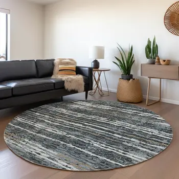 8' Graphite And Ivory Striped Washable Round Rug With UV Protection