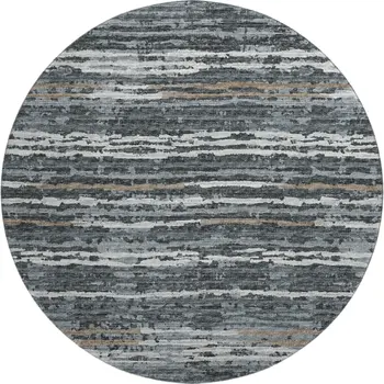8' Graphite And Ivory Striped Washable Round Rug With UV Protection