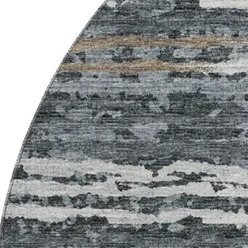 8' Graphite And Ivory Striped Washable Round Rug With UV Protection
