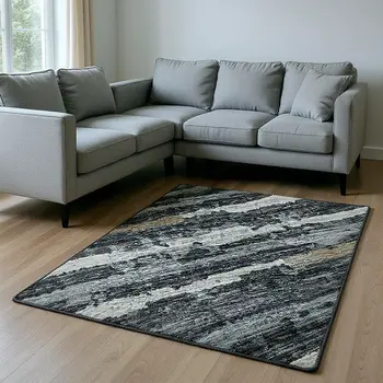 8' X 10' Graphite And Ivory Striped Washable Area Rug With UV Protection