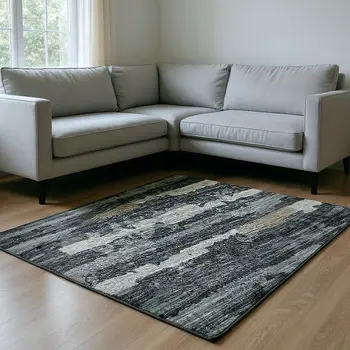 9' X 12' Graphite And Ivory Striped Washable Area Rug With UV Protection