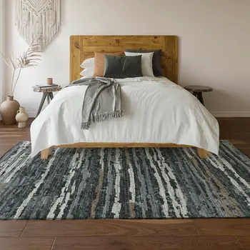9' X 12' Graphite And Ivory Striped Washable Area Rug With UV Protection
