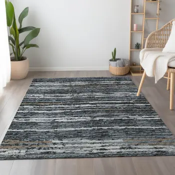 10' X 14' Graphite And Ivory Striped Washable Area Rug With UV Protection