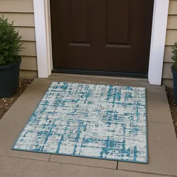 3' X 5' Persian Blue And Gray Abstract Washable Area Rug With UV Protection