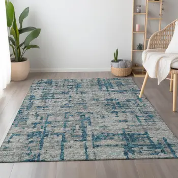 3' X 5' Persian Blue And Gray Abstract Washable Area Rug With UV Protection