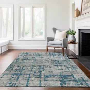 3' X 5' Persian Blue And Gray Abstract Washable Area Rug With UV Protection