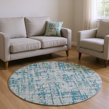 8' Persian Blue And Gray Abstract Washable Round Rug With UV Protection