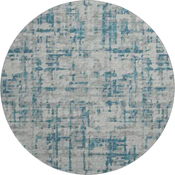 8' Persian Blue And Gray Abstract Washable Round Rug With UV Protection