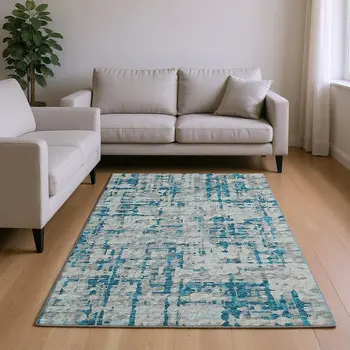 8' X 10' Persian Blue And Gray Abstract Washable Area Rug With UV Protection