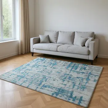 9' X 12' Persian Blue And Gray Abstract Washable Area Rug With UV Protection