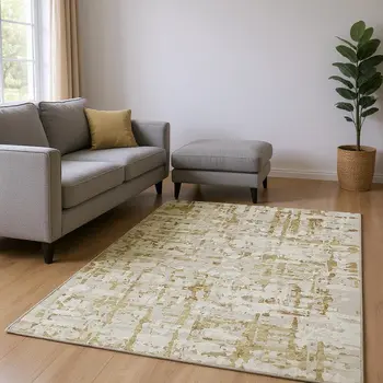 8' X 10' Camel And Ivory Abstract Washable Area Rug With UV Protection