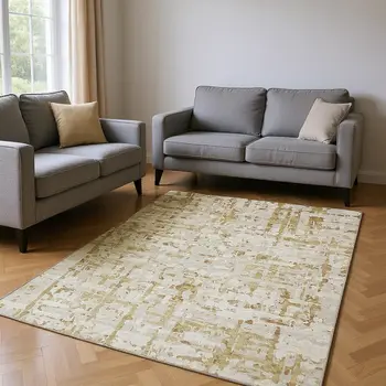 9' X 12' Camel And Ivory Abstract Washable Area Rug With UV Protection