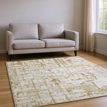 10' X 14' Camel And Ivory Abstract Washable Area Rug With UV Protection