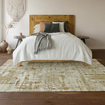 10' X 14' Camel And Ivory Abstract Washable Area Rug With UV Protection