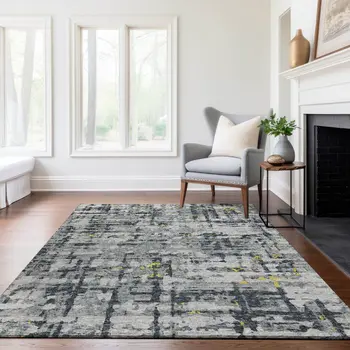 5' X 8' Gold Charcoal And Ivory Abstract Washable Area Rug With UV Protection