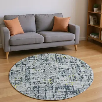 8' Gold Charcoal And Ivory Abstract Washable Round Rug With UV Protection