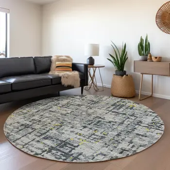 8' Gold Charcoal And Ivory Abstract Washable Round Rug With UV Protection