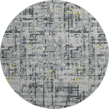 8' Gold Charcoal And Ivory Abstract Washable Round Rug With UV Protection