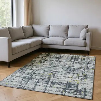 8' X 10' Gold Charcoal And Ivory Abstract Washable Area Rug With UV Protection