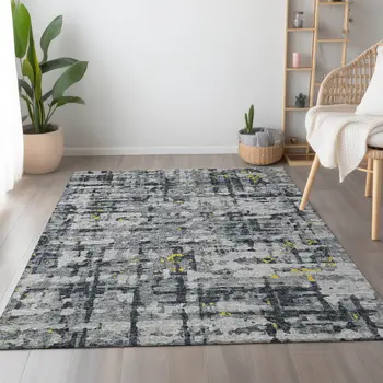 9' X 12' Gold Charcoal And Ivory Abstract Washable Area Rug With UV Protection