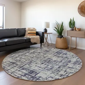 8' Purple And Gray Abstract Washable Round Rug With UV Protection