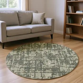 8' Brown And Beige Abstract Washable Round Rug With UV Protection